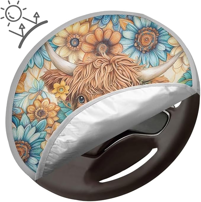 Sunflower Steering Wheel Sun Cover 17 Inch Highland Cow Car Rudder Shade Cover for Women Reflective Steering Wheel Cover Sun Block Gift for Friends