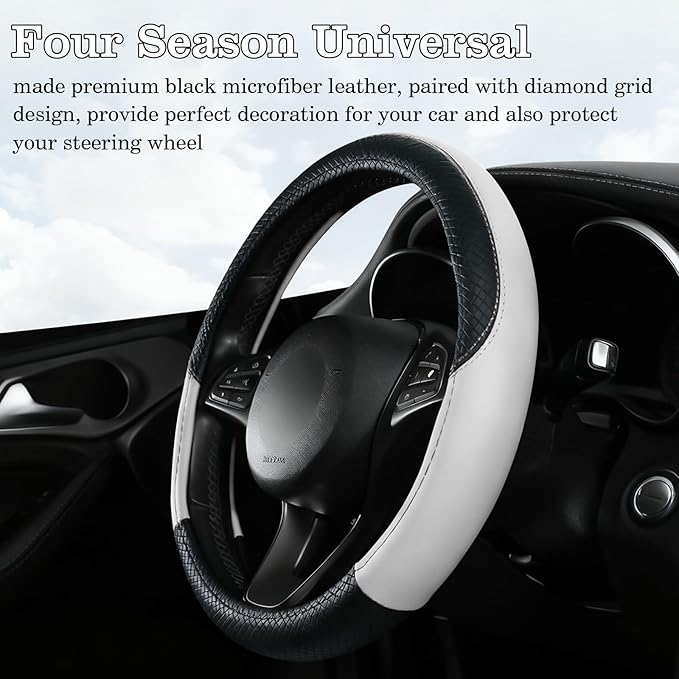 Black & White Car Steering Wheel Cover, Microfiber, Leather Patchwork, Universal 14.5-15 Inch Leather Anti-Slip Breathable Auto Steering Wheel Covers for Men Women