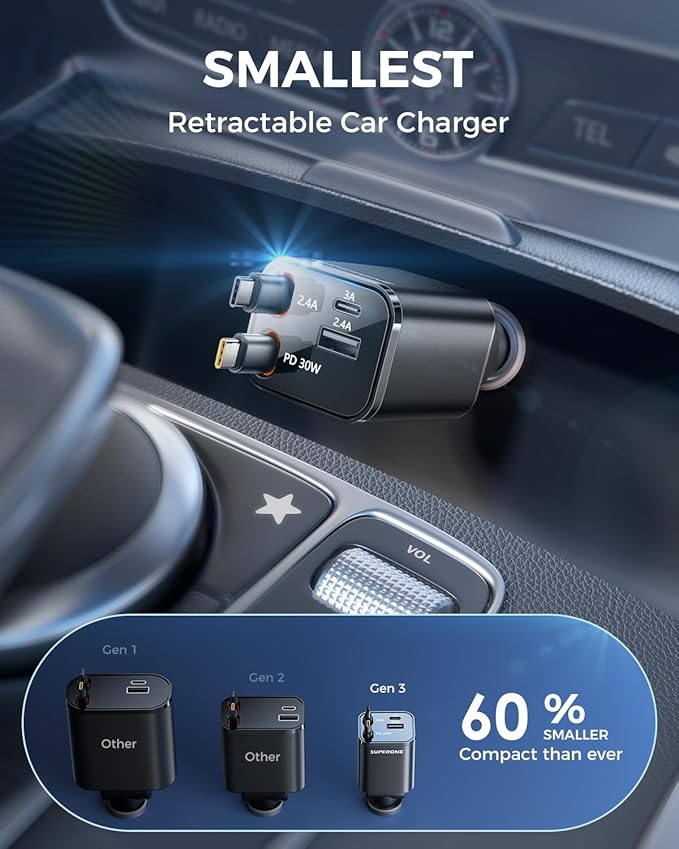 SUPERONE Retractable Car Charger, Car Charger USB C Fast Charging with Dual Type C Cable, Car Accessories Small USBC Car Adapter for iPhone 17/16/15/14/13/12 Series, iPad, Galaxy, Pixel