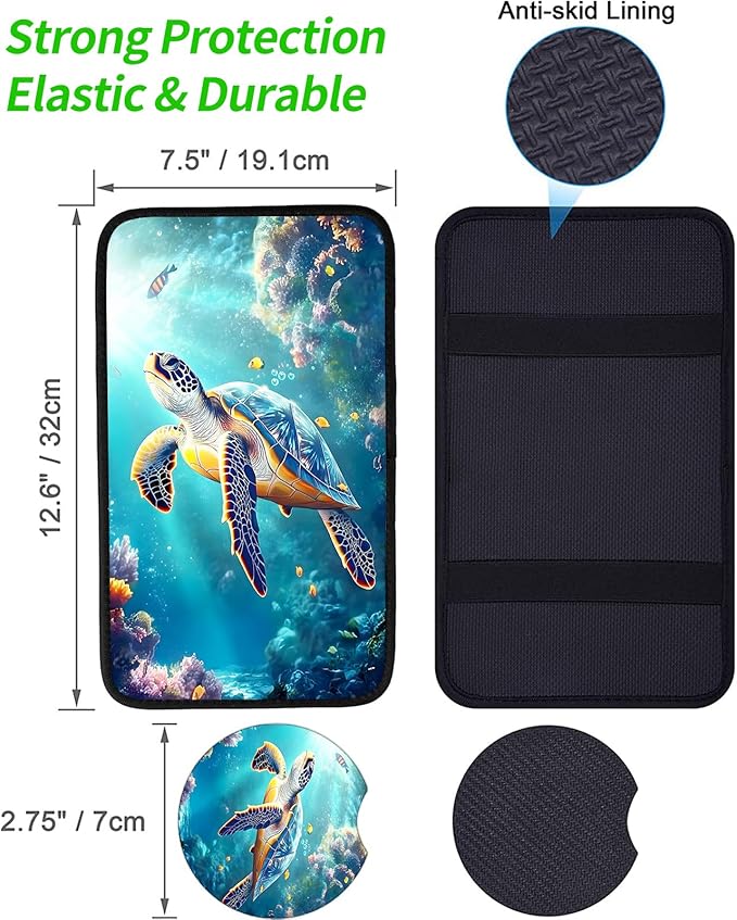 JANENFNA Car Armrest Cover Pads Universal Fashion Cute Auto Center Console Armrest Cover Pad with 2PCS Car Coasters Soft Waterproof Car Armrest Seat Protector for Women,Cute Turtle