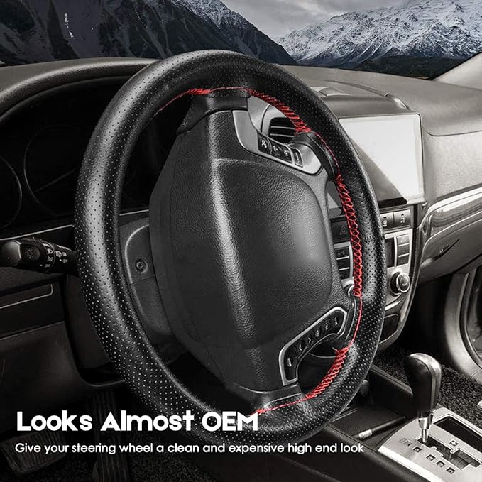 BELINOUS Universal Leather Car Steering Wheel Cover, Stitch On Wrap (Size M4, Black and Red)
