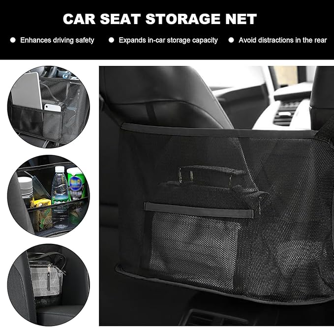 Car Net Pocket Handbag Holder, Auto Purse Holder Organizer Mesh Bag Between Front Seats, Large Capacity Driver Storage Netting Pouch Backseat Barrier for Handbags Purses Wallets