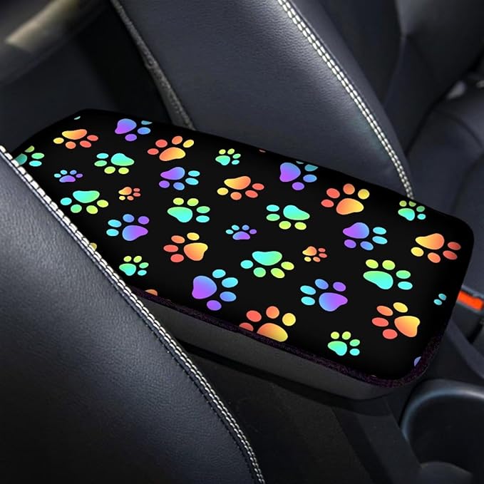 Mintutlipy Car Center Console Cover Colorful Dog Paws Automotive Armrest Cushion Car Interior Accessories Universal Fit All Weather Protection