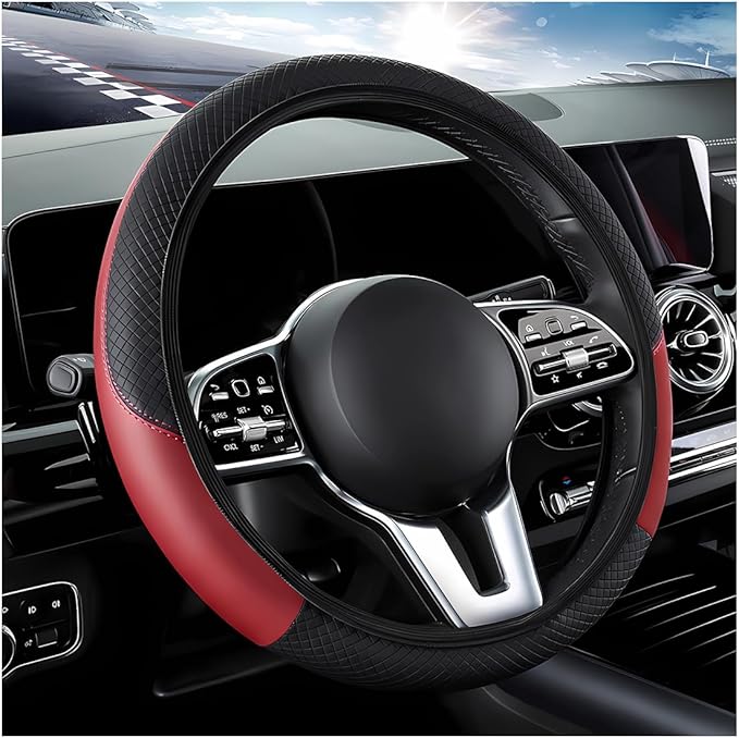 Car Steering Wheel Cover, 15 Inch Carbon Fiber Leather Stitching Color Steering Wheel Protector, Anti-Slip Elastic Breathable Steering Wheel Cover Stylish Decor for Most Cars (Wine Red, AD)