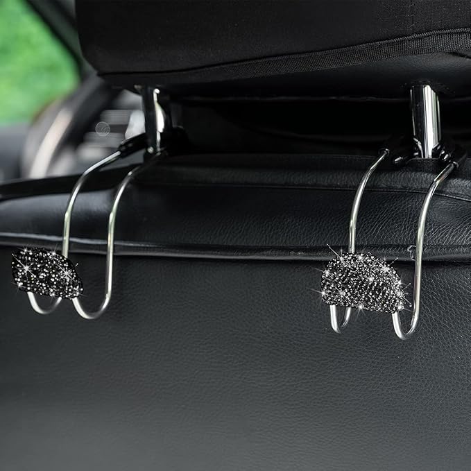 AUCELI Car Headrest Hook, 2 Pack Bling Backseat Organizer Hanger for Purse Clothes Grocery Bag, Rhinestones Auto Headrest Storage Holder, Universal Car Seat Accessories for Most Vehicle (Black)