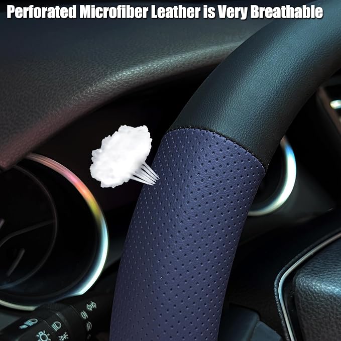 Mihecor Steering Wheel Cover Standard Size 14.5-15 inch, Non-Slip Car Wheel Cover Protector, Breathable Microfiber Leather, Black and Blue