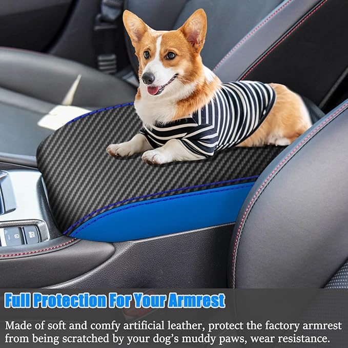 for Honda 11th Accord 2023 2024 Center Console Cover Anti-Scratch Waterproof Leather Armrest Pad Protector Cushion Interior Accessories(Carbon Fiber + Blue)
