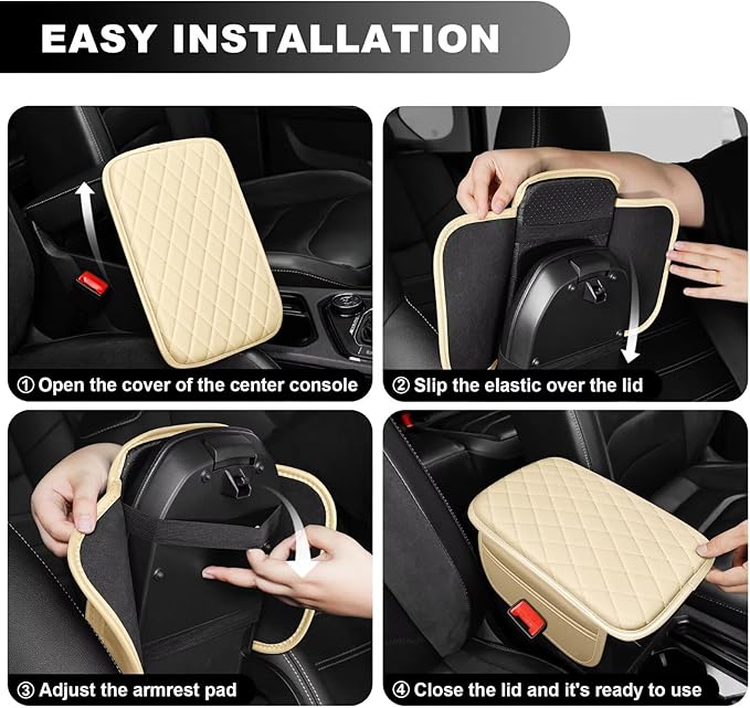Upgraded Car Center Console Cover Fit for bZ4X Faux Leather Car Armrest Cover Cushion with 2 Storage Bags,Car Armrest Storage Box Interior Accessories(Beige&Whiteline)