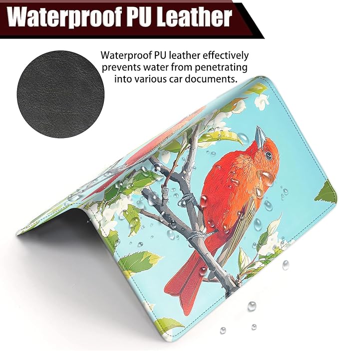 Car Document Holder with Magnetic Shut, Car Registration and Insurance Card Holder, Vehicle Glove Box Organizer Documents, Driver License, Auto Paperwork Organizer Wallet, Red Bird On The Branch
