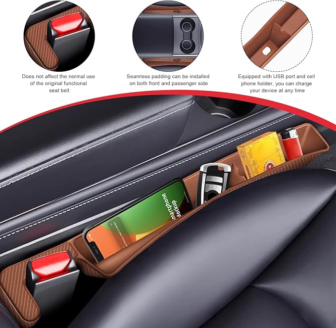 2PCS Car Seat Gap Filler, Automotive Seat Organizer Fill The Gap Between Seat and Console, Universal Car Gap Seat Storage for Phone Wallets and Keys, Car Accessories (Brown)