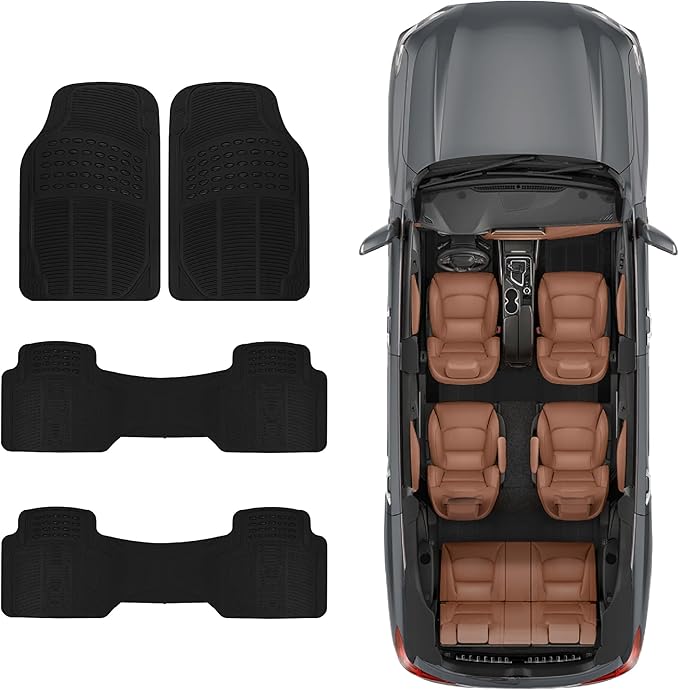 BDK 3-Row ProLiner Original Heavy Duty 4pc Front & Rear Rubber Floor Mats for Car SUV Van (Fits 3rd Row Vehicles) - All Weather Protection Universal Fit (Black)
