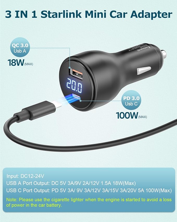 Starlink Mini Car Adapter 10FT, 12V to 20V DC Step Up Converter with 100W, Starlink Mini 12V Charger Car Cigarette Lighter Smart Boost 20V100W with Voltmeter Supports 23M USB C to DC Power Cable