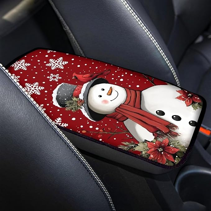 Horeset Christmas Snowman Poinsettia Anti-Scratch Car Armrest Cover Center Console Automobile Arm Rest Cushion Interior Accessories Fit SUV Sedan Truck