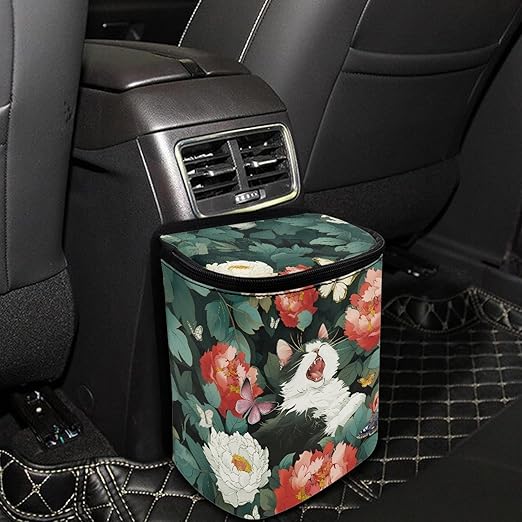 Floral Cat Butterfly Car Trash Can, Peony Flower Pattern Car Garbage Bin for Vehicle Interior Organization