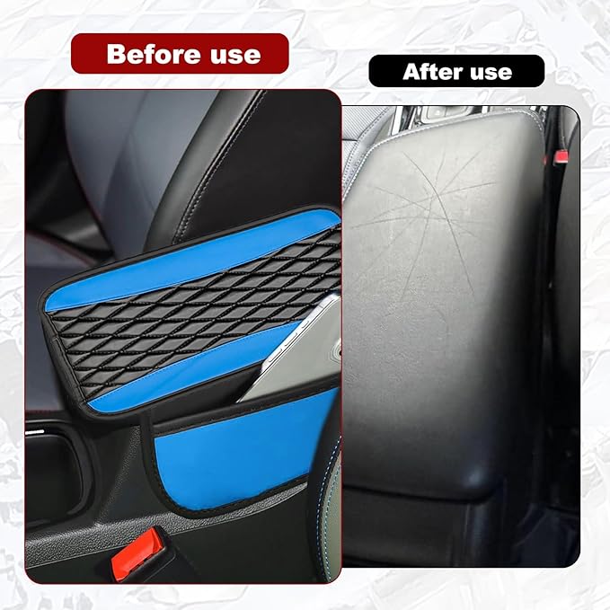 Leather Car Center Console Cover with Side Storage Pockets, Universal Leather Waterproof Armrest Pad Protector & Organizer for Cars, Vehicles, SUVs Interior Decor Stylish Car Decoration(Blue)