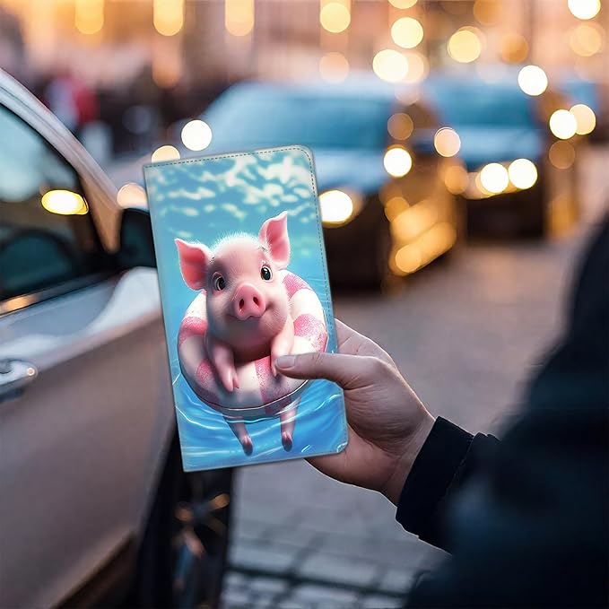 Car Registration Holder, Waterproof PU Leather Vehicle Card Document Glove Box Organizer, Women Interior Auto Accessories Case for Cards, Driver License Car Insurance Holder, Baby Pig Swimming