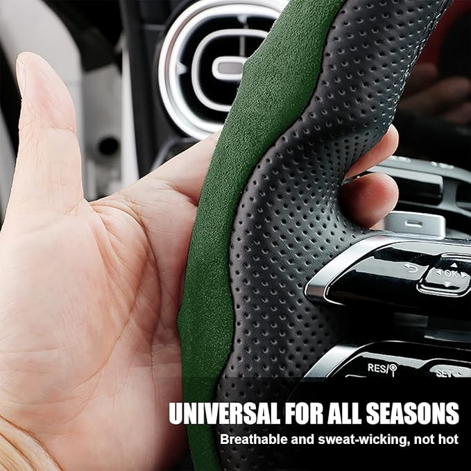 Car Steering Wheel Cover, Microfiber Suede Leather and Carbon Fiber Double Sided Design, Warm in Winter and Cool in Summer, Breathable Non Slip Segmented Protector for Most Cars (Turn Fur/Green)