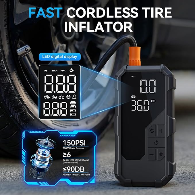 Jump Starter with Air Compressor, 3000A Portable Jump Starter Car Jump Box with 150PSI Tire Inflator (9.0L Gas/8.0L Diesel), 12V Emergency Battery Booster, LED Light, Gift for Man