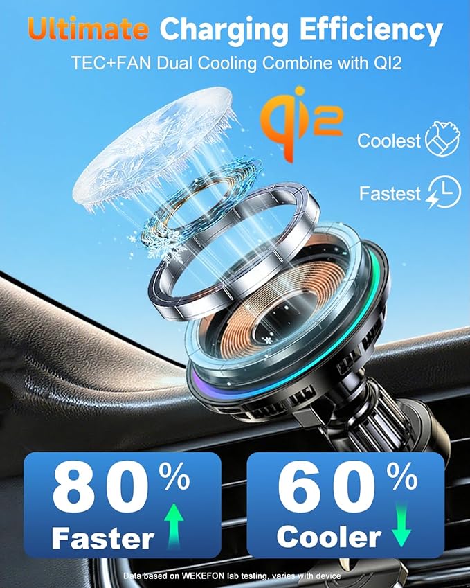 2026 Upgrade TEC & Fan Cooling Magnetic Wireless Car Charger, For Qi2 15W Magsafe Car Charger Mount, Air Vent Fast Wireless Charging Car Phone Holder for iPhone 17/16/15/14/13/12 Series, Samsung＆Pixel
