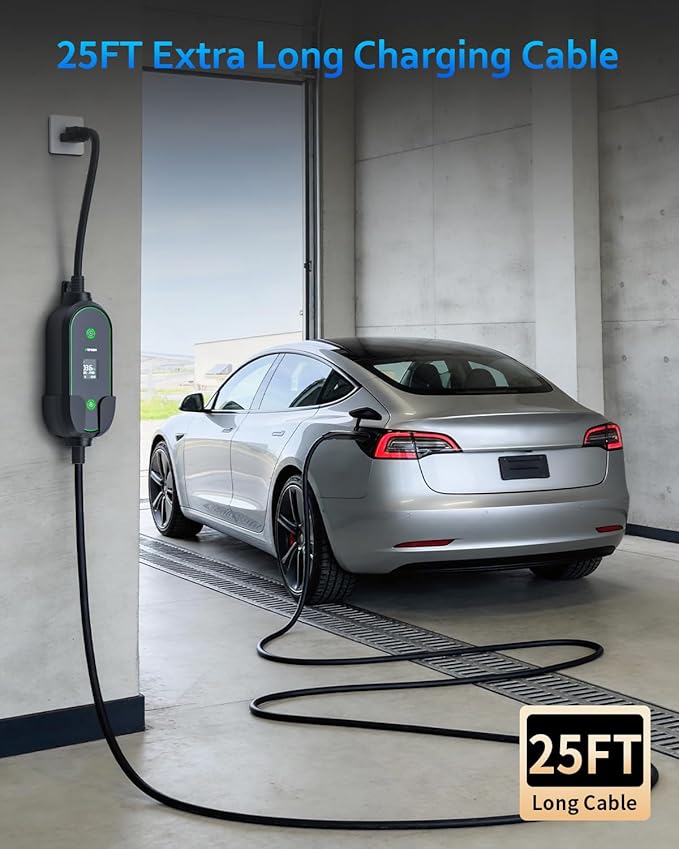 Level 2 & Level 1 EV Charger for Tesla Mobile Charging, 16A ETL Certified 110/240V EV Car Charger with 25ft Extension Cords, NACS Connector, NEMA 6-20 Plug to NEMA 5-15 Adapter for Tesla Model Y/3/S/X