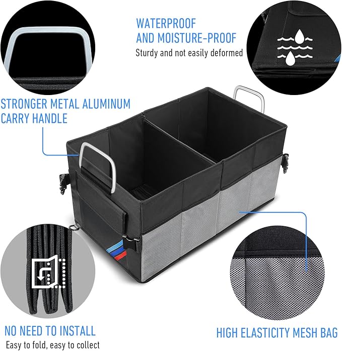 Junsungo Car Trunk Organizer, Portable, Collapsible, Waterproof, Oxford Cloth, Aluminum Handle, Ideal for SUVs, Cars, Camping, Storage