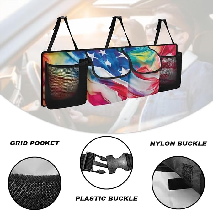 American Flag Large Capacity Car Trunk Organizer, Waterproof Oxford Backseat Hanging Storage Bag with 4 Pockets, Foldable Car Organization for Car Tools, Car Accessory for SUV Truck