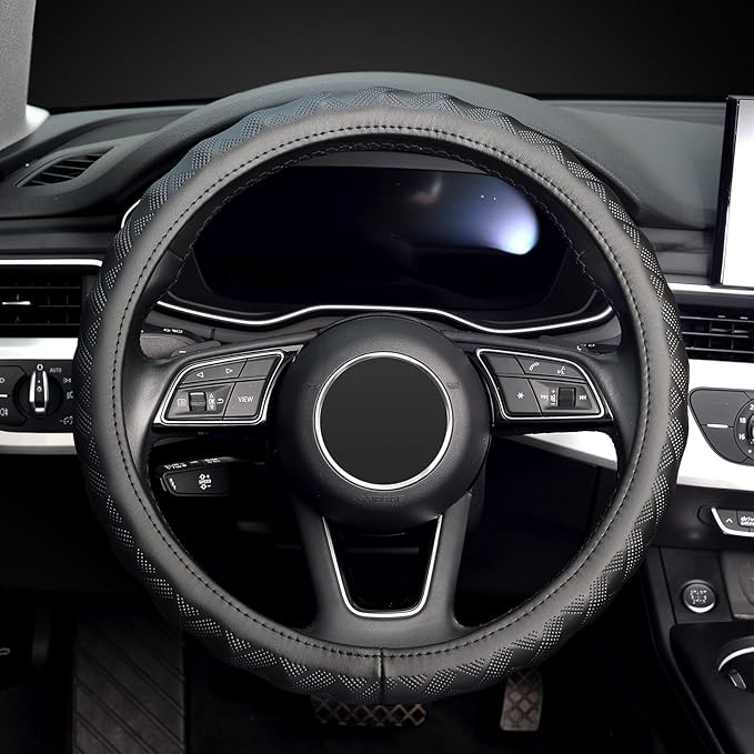 KAFEEK Steering Wheel Cover, Universal 15 inch, Microfiber Leather, Bamboo Weave Style,Breathable Non-Slip,Black