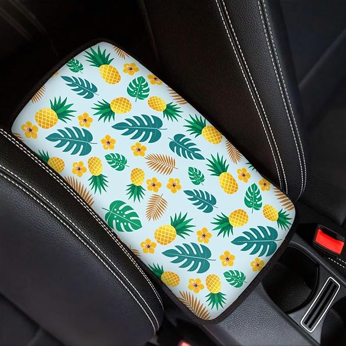 Monstera Leaf Auto Armrest Seat Box Cover Dust-Proof Car Center Console Armrest Cushion Cover Pad Protector Decorative Hawaii Fruit Car Accessories for Auto Vehicles SUV