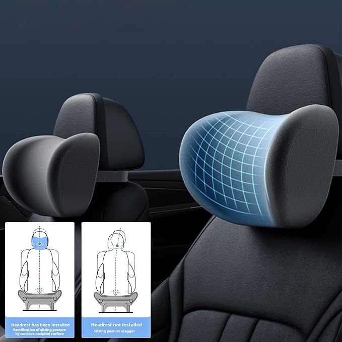 Car Headrest & Lumbar Support Cushion, Ergonomic Car Seat Headrest & Lumbar Cushion with Adjustable Strap for Neck Back Pain Relief, Memory Foam & Breathable Car Head Lumbar Rest Set (Blue)
