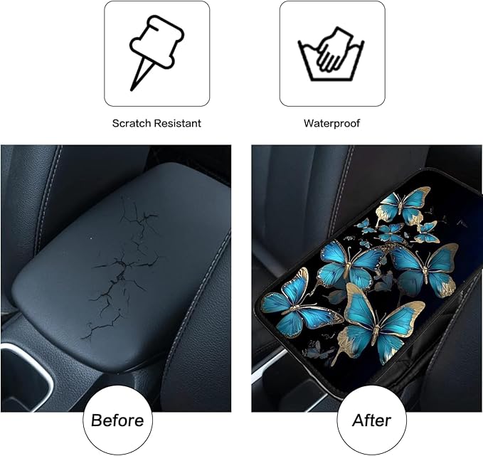 JANENFNA Car Armrest Cover Pads Universal Fashion Cute Auto Center Console Armrest Cover Pad with 2PCS Car Coasters Soft Waterproof Car Armrest Seat Protector for Women,Blue Golden Butterflies