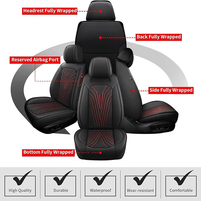 DISUTOGO Full Set Seat Covers Fit for Nissan Murano 2011-2025 2026 Waterproof Faux Leather Automotive Cushion Protector Car seat Covers Compatible Airbag(5 Seats, Red Line)