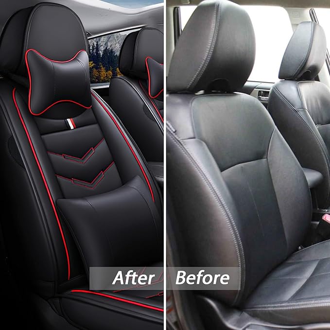 MVRVMV for Ford F-250 2010-2026 Seat Covers, Waterproof Leather Seat Cover with 2* Neck Pillow and 2* Lumbar Support (5 Seat Luxury,Black-Red)
