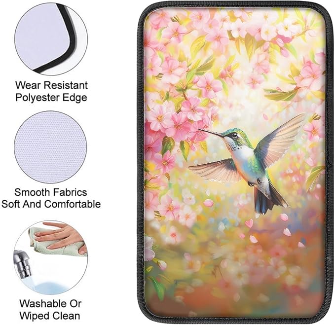 Hummingbird Cherry Blossom Car Center Console Cover,Auto Armrest Storage Box Mat Universal for Most Vehicle,SUV,Truck,Cars