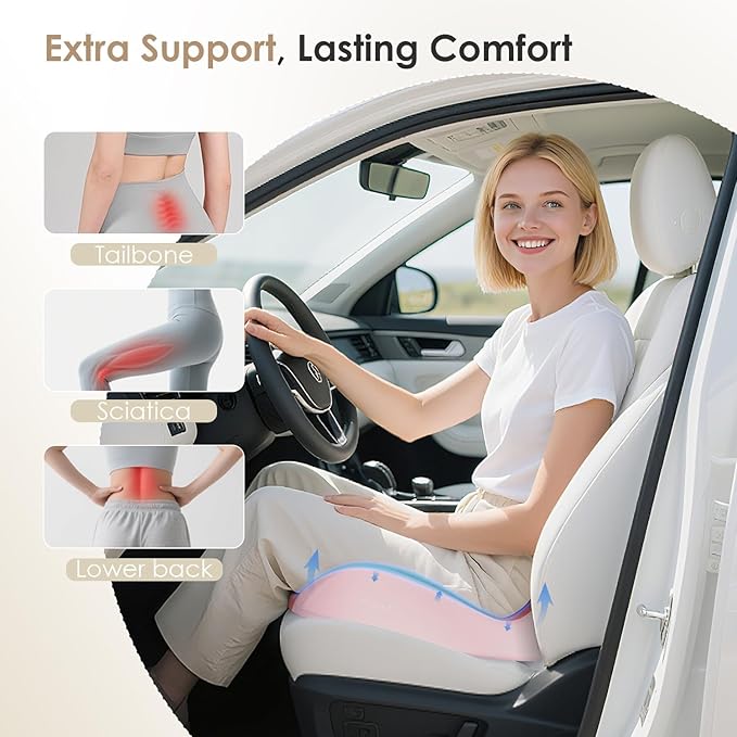 FLORICH Car Seat Cushion for Driving, Memory Foam Seat Cushion for Car Office Chair, Ergonomic Office Seat Chair Cushion for Sciatica Pain Relief, Larger Car Seat Cushion for Car - Pink