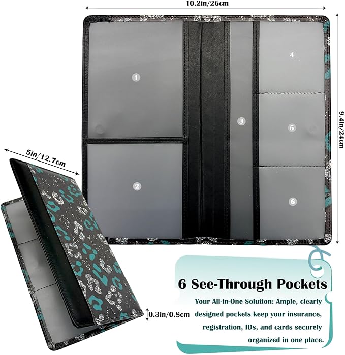 FinestHouse Car Registration and Insurance Holder with Magnetic Closure, Universal Document Organizer for License, Insurance Cards & Glove Box Storage (Leopard-Green and Silver)