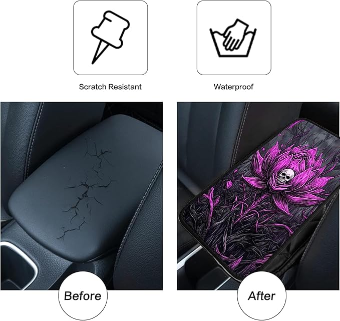 JANENFNA Car Armrest Cover Pads Universal Fashion Cute Auto Center Console Armrest Cover Pad with 2PCS Car Coasters Soft Waterproof Car Armrest Seat Protector for Women,Pink Flower Skull