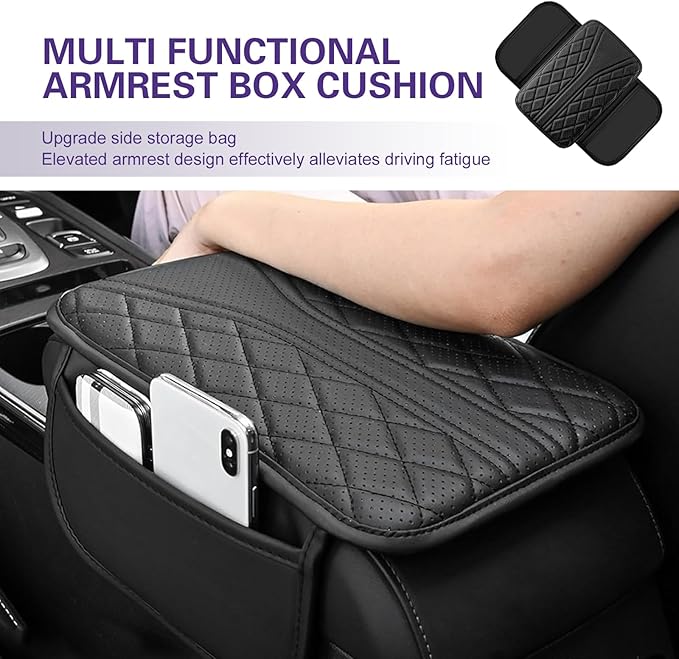 Cuymoap Car Armrest Cushion, Breathable Support Cover for Enhanced Elbow Comfort, Waterproof Anti-scratch Center Console Protector with Side Storage Pocket, Universal Slip-on Design for Car (Black)