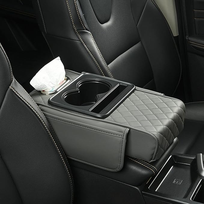 2025 New Auto Center Console Armrest Cushion with 2 Cup Holder, Car Center Console Armrest Pillow, Memory Foam Arm Rest Box Protector for Most Vehicles, Car Accessories (Grey)