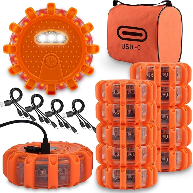 Ecoangel USB-C Rechargeable LED Road Flares Emergency Lights-Large Capacity (Lithium Battery) 3 in 1 Cable Roadside Warning Car Safety Beacon Flashing Disc Kit with Magnetic Base for Vehicles