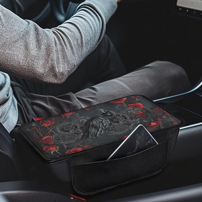 Dreaweet Car Armrest Cover for Women Gothic Crow Car Accessories Center Console Cover Replacement,Universal Arm Rest Cover for Car Console Covers with Pockets for Truck Sedan SUV