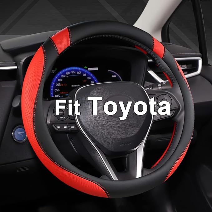 West Llama Customized Auto Car Steering Wheel Cover for Toyota Tacoma,4Runner,Tundra,Sequoia,15.5-16 inch (Black+Red-Large Size)