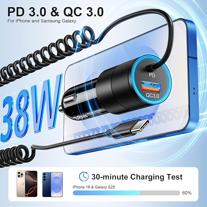 5-Pack USB C Car Charger,38W Fast Charging Car Phone Charger+3FT Type C Coiled Cable,PD&QC 3.0 Car Charger Adapter Compatible with iPhone 16/15 Plus/Pro/Max,Galaxy S24 S23 Ultra,iPad,LG