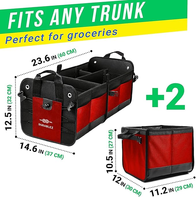 DURABLEZ XL Trunk Organizer 4-Section Modular System – Extra Large Car Cargo Storage, Foldable Multi-Compartment Bin for Groceries, Gear & Travel – High-Density Structure – Red