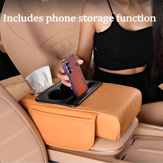 Multifunctional Pu Leather Car Armrest Box Mat, 5-In-1Multifunctional Car Armrest Cushion, Car Arm Rest Cover Pad, Center Console Organizer with Cup Holder, Tissue Box & Phone Slot (Beige)