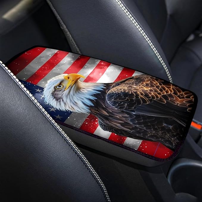Horeset American Flag Eagle Polyester Car Armrest Cover Cushion Pad Accessories Interior Decor Auto Center Console Fit SUV Truck Sedan