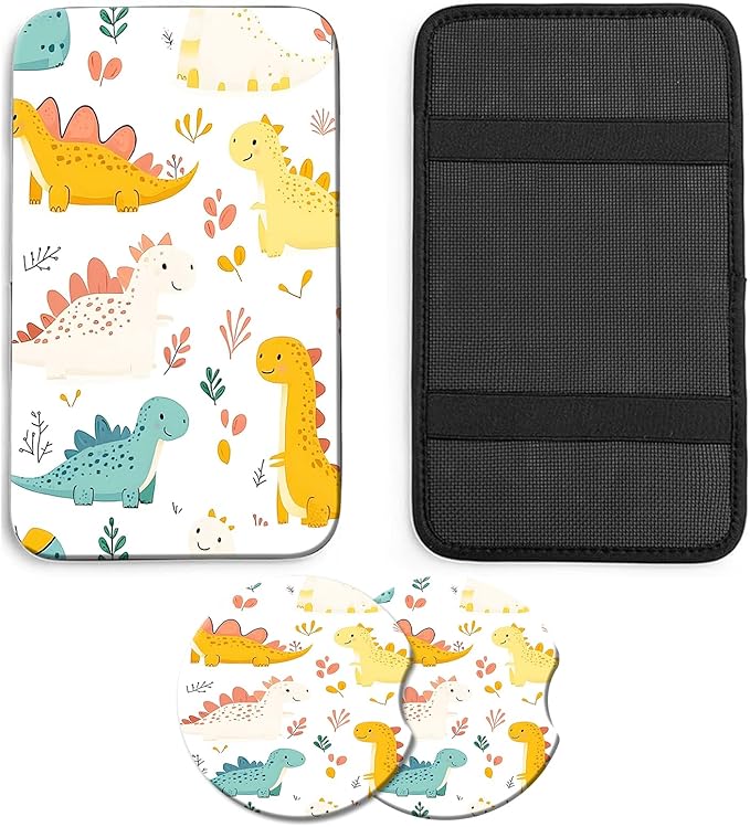 JANENFNA Car Armrest Cover Pads Universal Fashion Cute Auto Center Console Armrest Cover Pad with 2PCS Car Coasters Soft Waterproof Car Armrest Seat Protector for Women,Cute Dinosaur