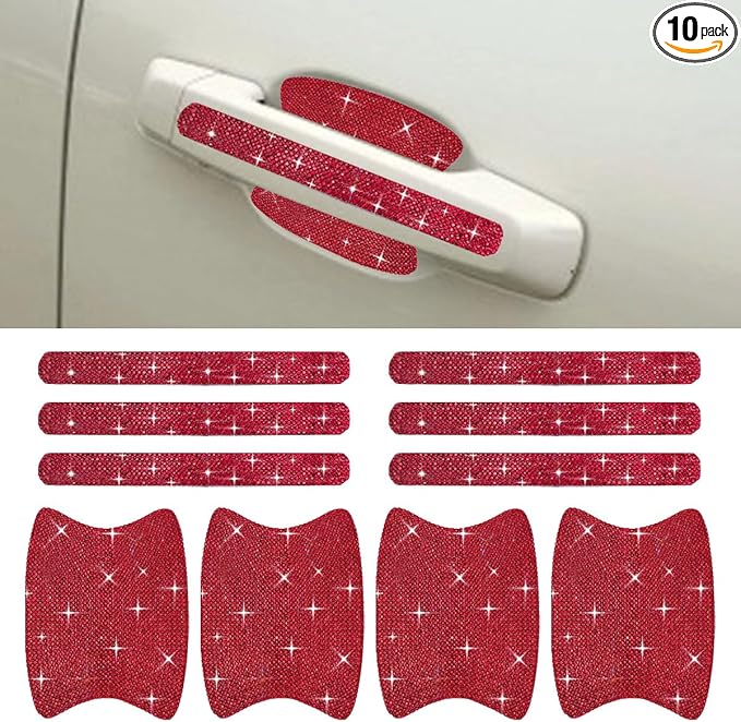 10PCS Bling Car Door Handle Protector, Crystal Rhinestone Anti-Scratch Car Bowl Decoration Sticker Decal, Universal Auto Exterior Door Protective Covers Accessories for Women (Red)