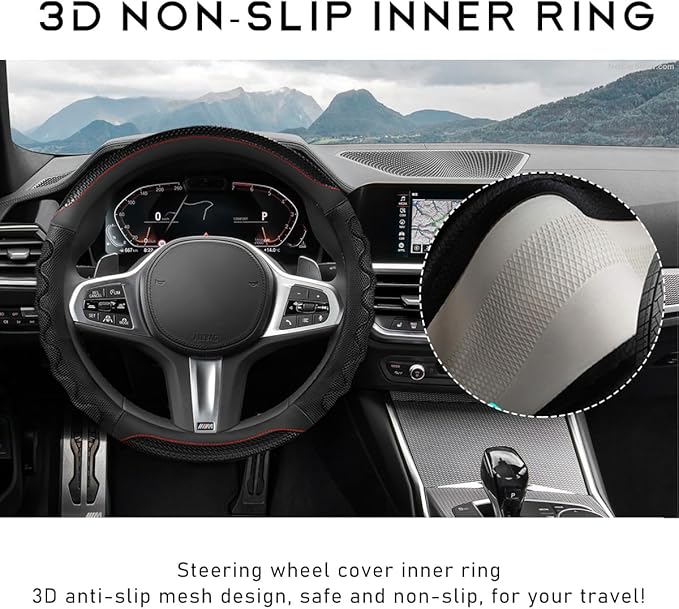 Car Steering Wheel Cover, 15 Inches 3D Honeycomb Design Car Steering Wheel Protector with Comfy Grip, Breathable Anti-Slip D-Shaped Steering Wheel Sleeve for Most Vehicles (Black, Round)