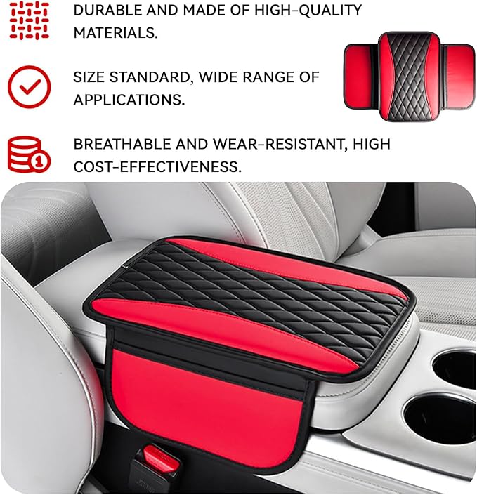 Patchwork Leather Center Console Cover, Upgraded Car Armrest Cover with 2 Storage Bags, Universal Arm Rest Covers for Car, Vehicle Interior Accessories Middle Console Cushion Organizer (Red)