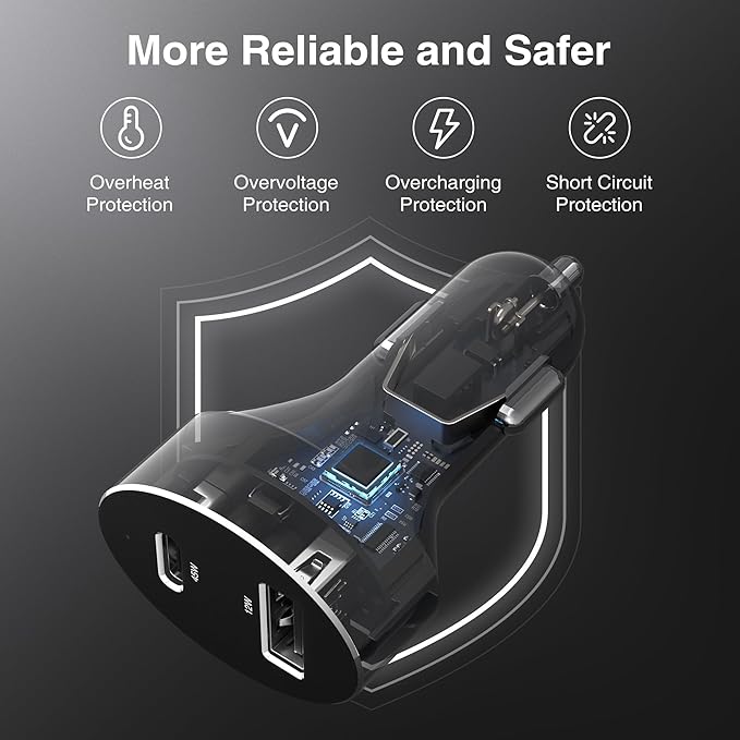 USB C Car Charger 45W, Nekteck USB-IF Certified Type C Fast Charger, 2-Port PowerIQ 3.0 Adapter with 3.3ft Cable, Compatible with iPhone 17/16 Pro/Max, Galaxy S24/S23, iPad Pro, Laptop and More